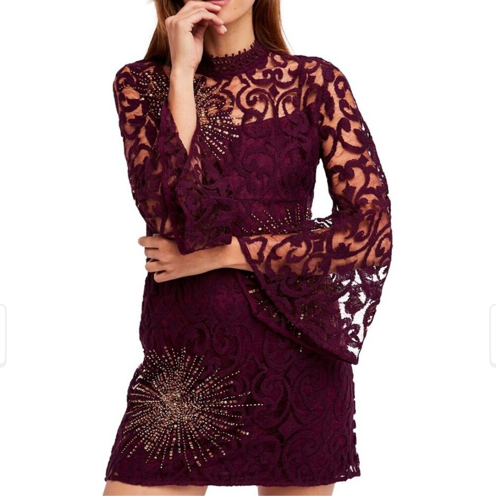 NWT Free People North Star Sheer Boho Bell-Sleeve Purple Mini Dress Women’s 6